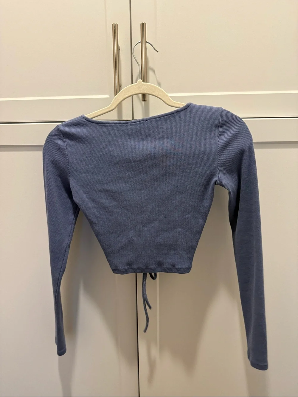 Zara Dusty Blue Ruched Tie-Front Long Sleeve Crop Top
